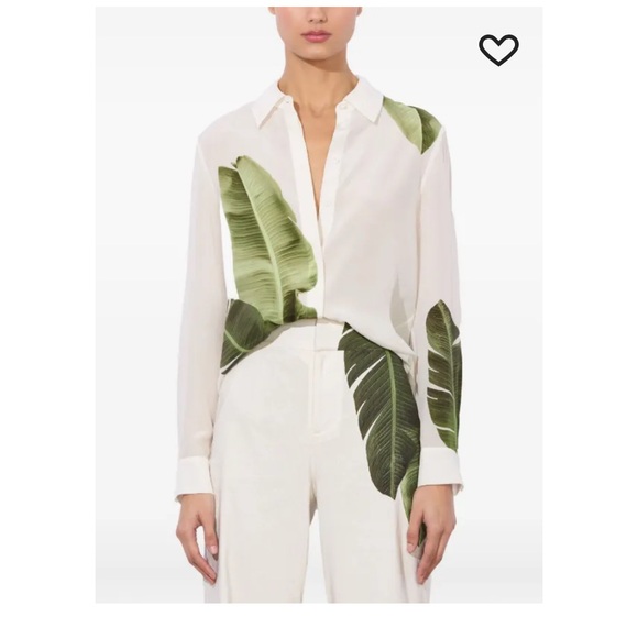 Alice + Olivia White Silk Willa top and Green palm leaf Button Down Shirt - Picture 2 of 3
